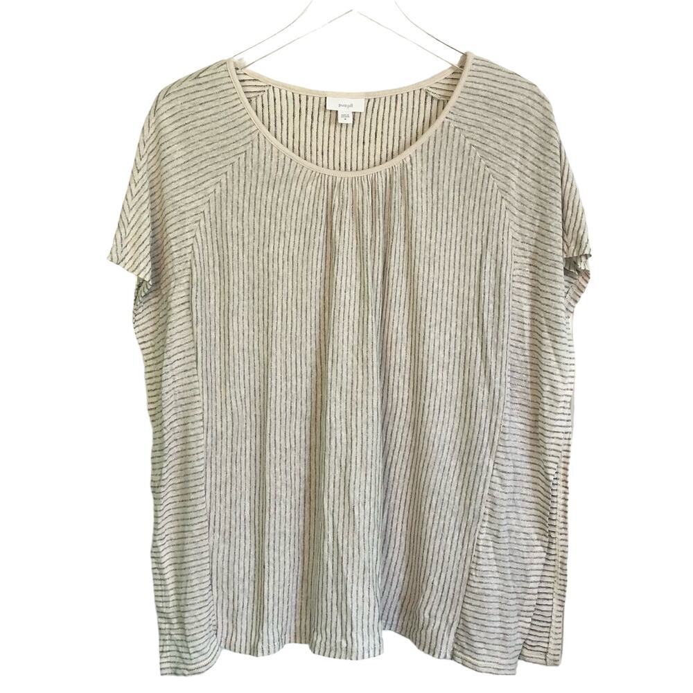 J. Jill PureJill Size Medium Cream & Gray Striped Linen Blend Shirt Side Ruffles